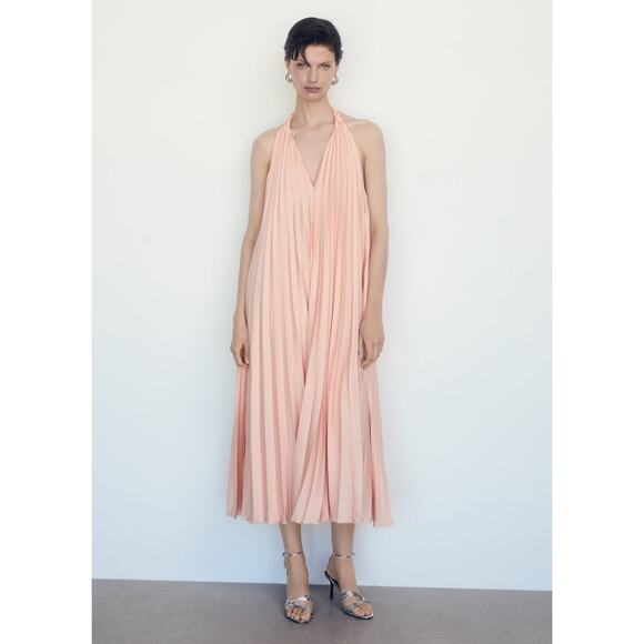 Mango Pleated Long Dress Salmon - 4 - Picture 1 of 8